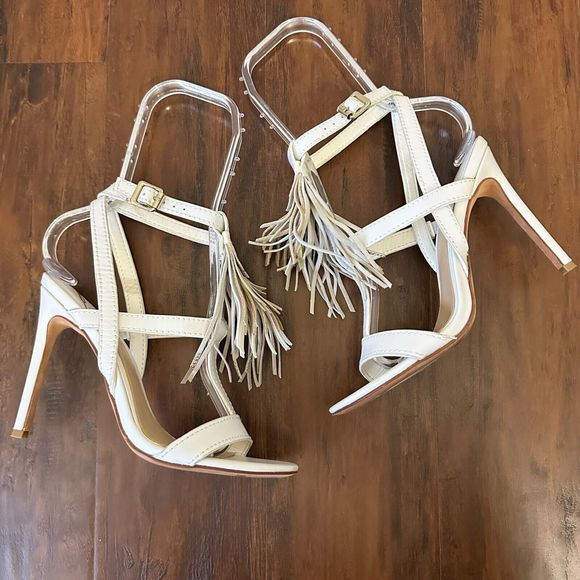 BRIAN ATWOOD Ankle Strap Heeled Sandals Fringes in White Leather - Picture 5 of 13